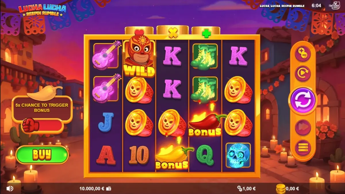 Tampilan visual penuh warna dari slot Lucha Lucha Respin Rumble dengan tema gulat Meksiko.