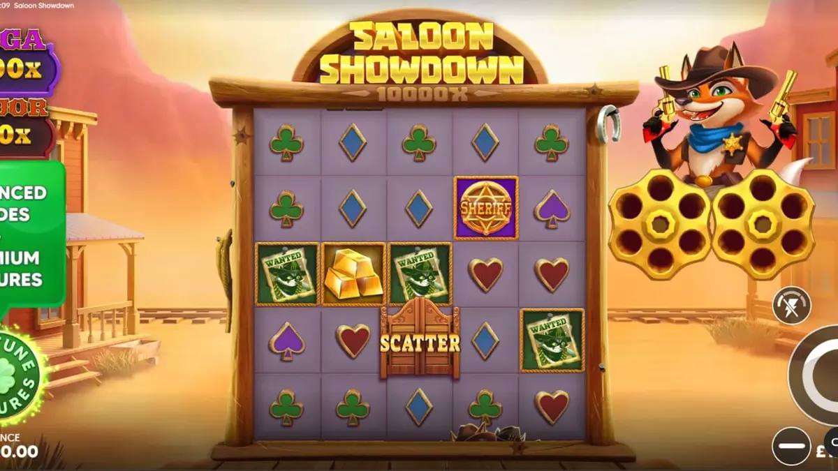 Karakter sheriff rubah dan suasana kota Wild West dalam slot Saloon Showdown 10,000x